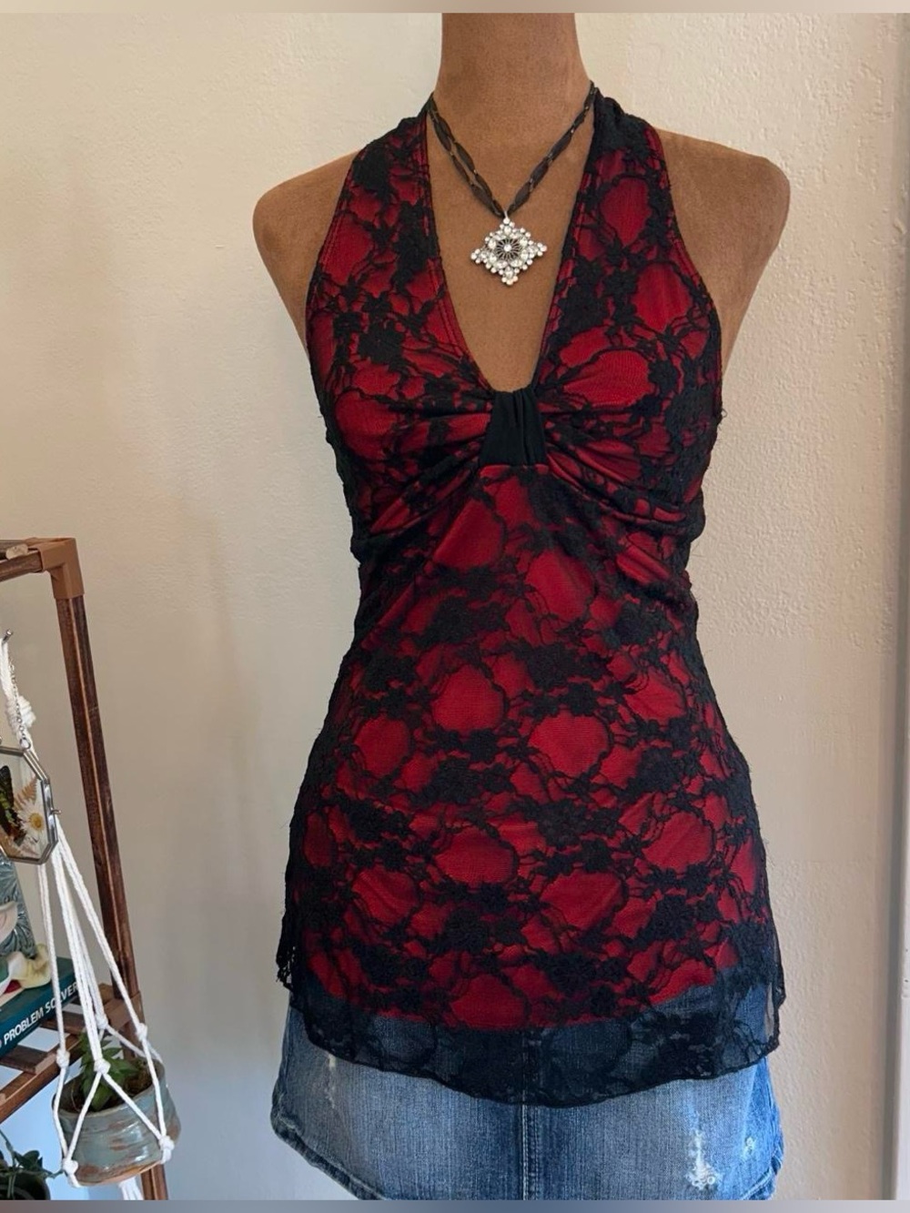 Vintage Y2K Gothic Red Black Lace Overlay Halter Neck Tank Top by Lipstick